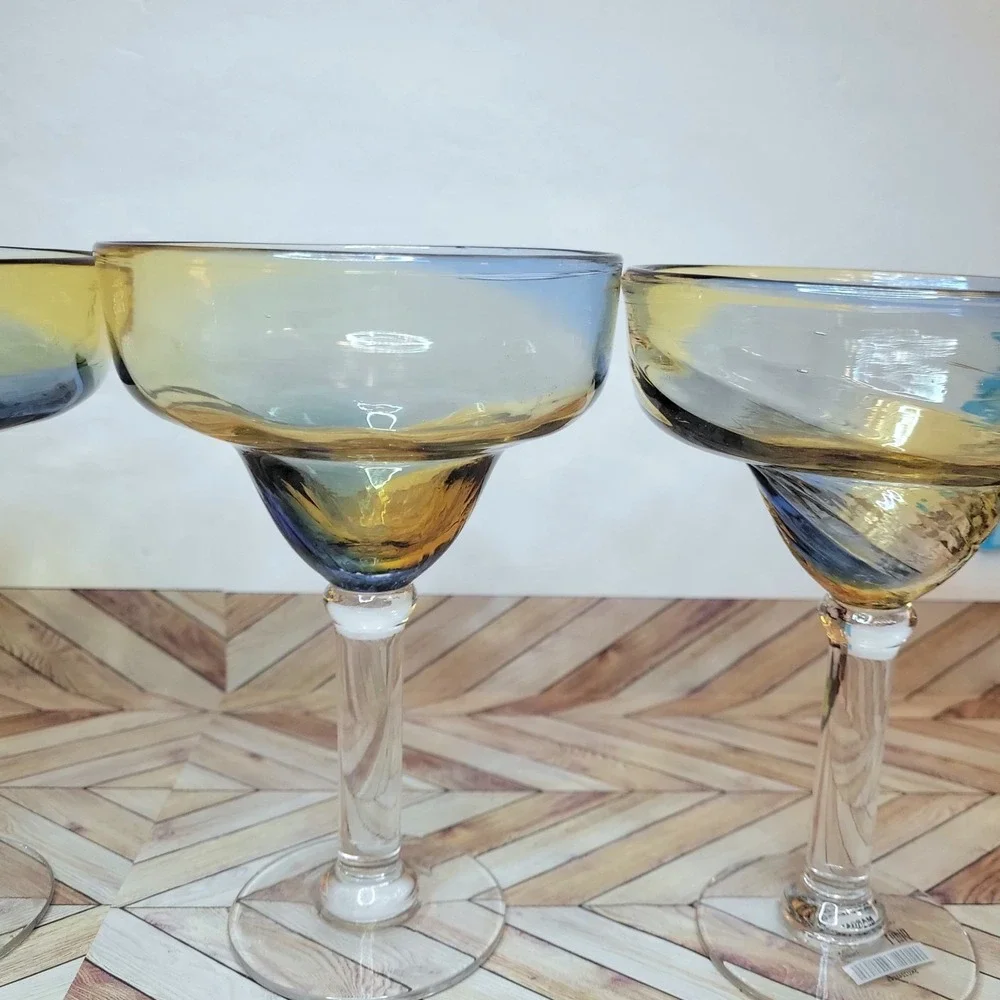 VTG Pier 1 Margarita Glasses Set Of 4 Ombré Amber Blue Swirl Barware Mouth Blown